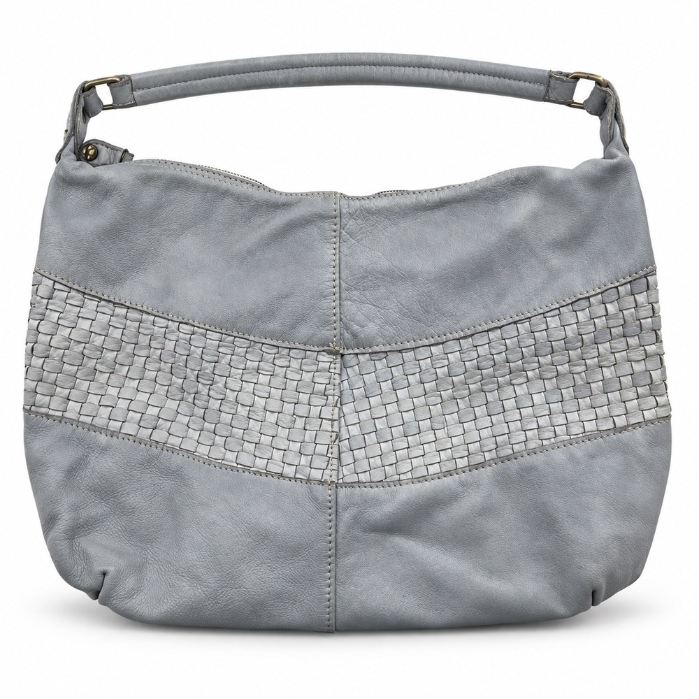 Civico93 Hobo Shoulder Zipper Bag Italian Leather Gray Slouchy Woven Weave Soft